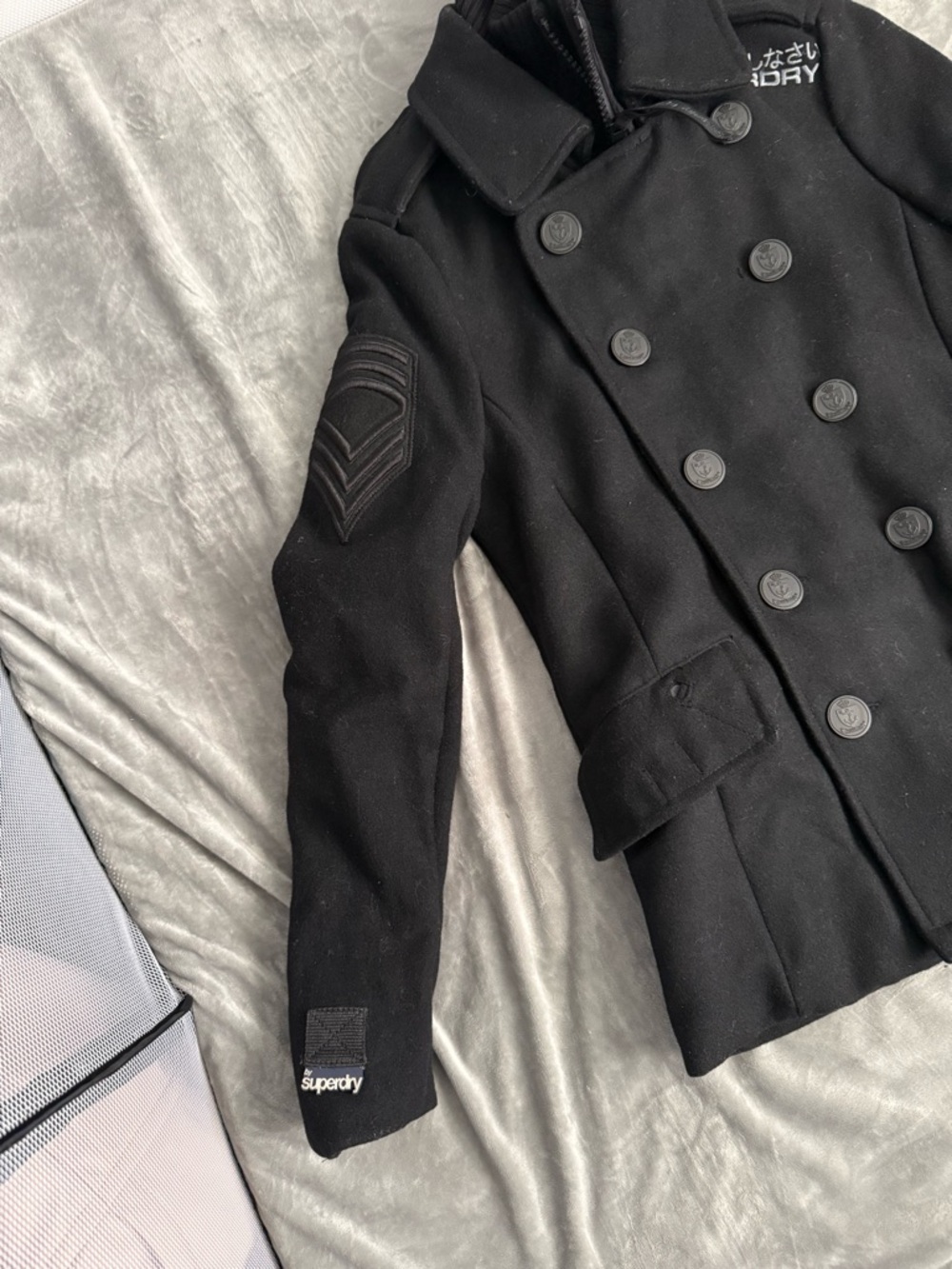 Superdry Black Double-Breasted Military-Inspired Peacoat